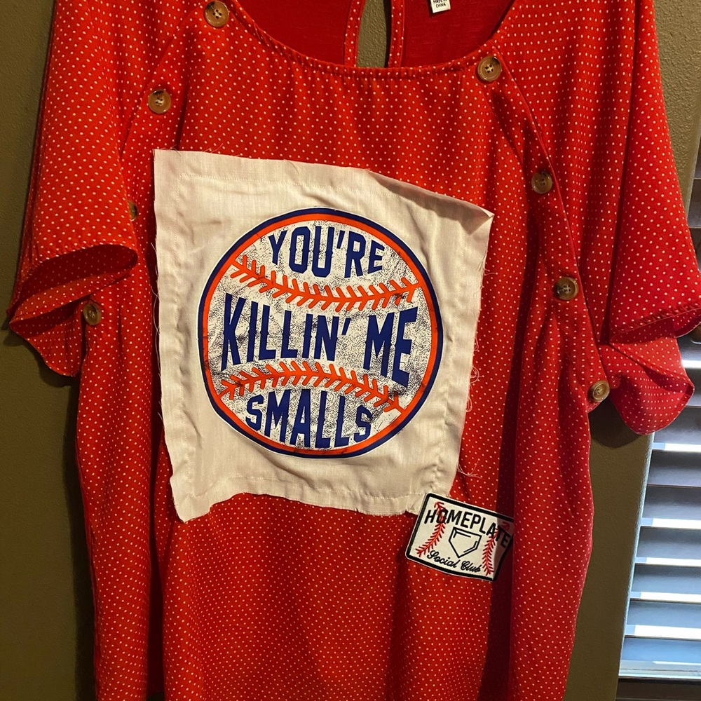 Hand, designs, women, short sleeve baseball themed blouse, size 3X